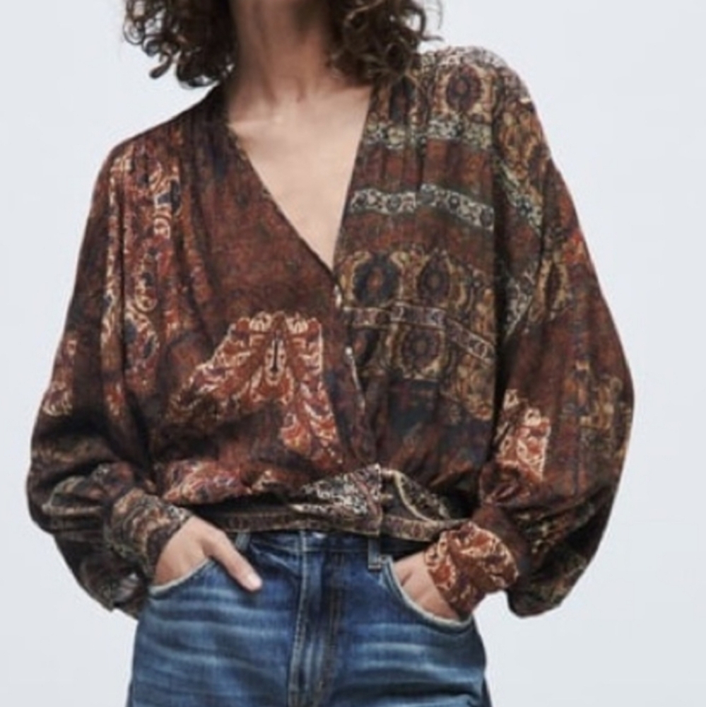 Zara Bohemian Boho Paisley Printed Balloon Sleeve Crossover V-Neck Blouse